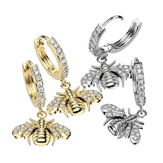 Pair of CZ Pavé Front Hoop Earrings with CZ Pavé Bee Dangle