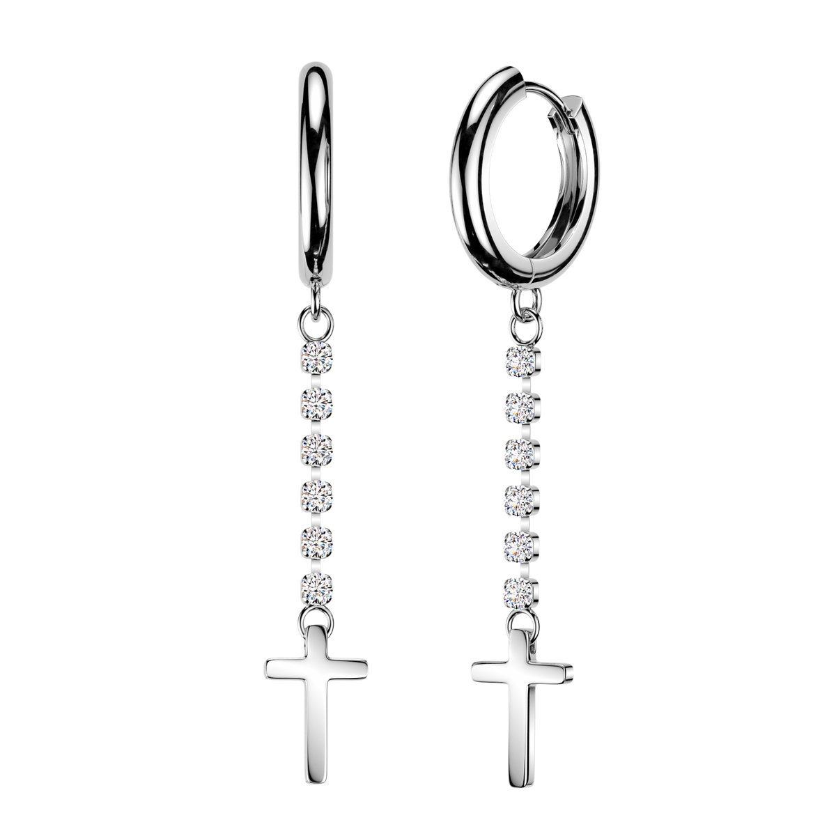 316L Pair of Huggie Hoop Earrings With Round CZ Chain & Cross Dangle