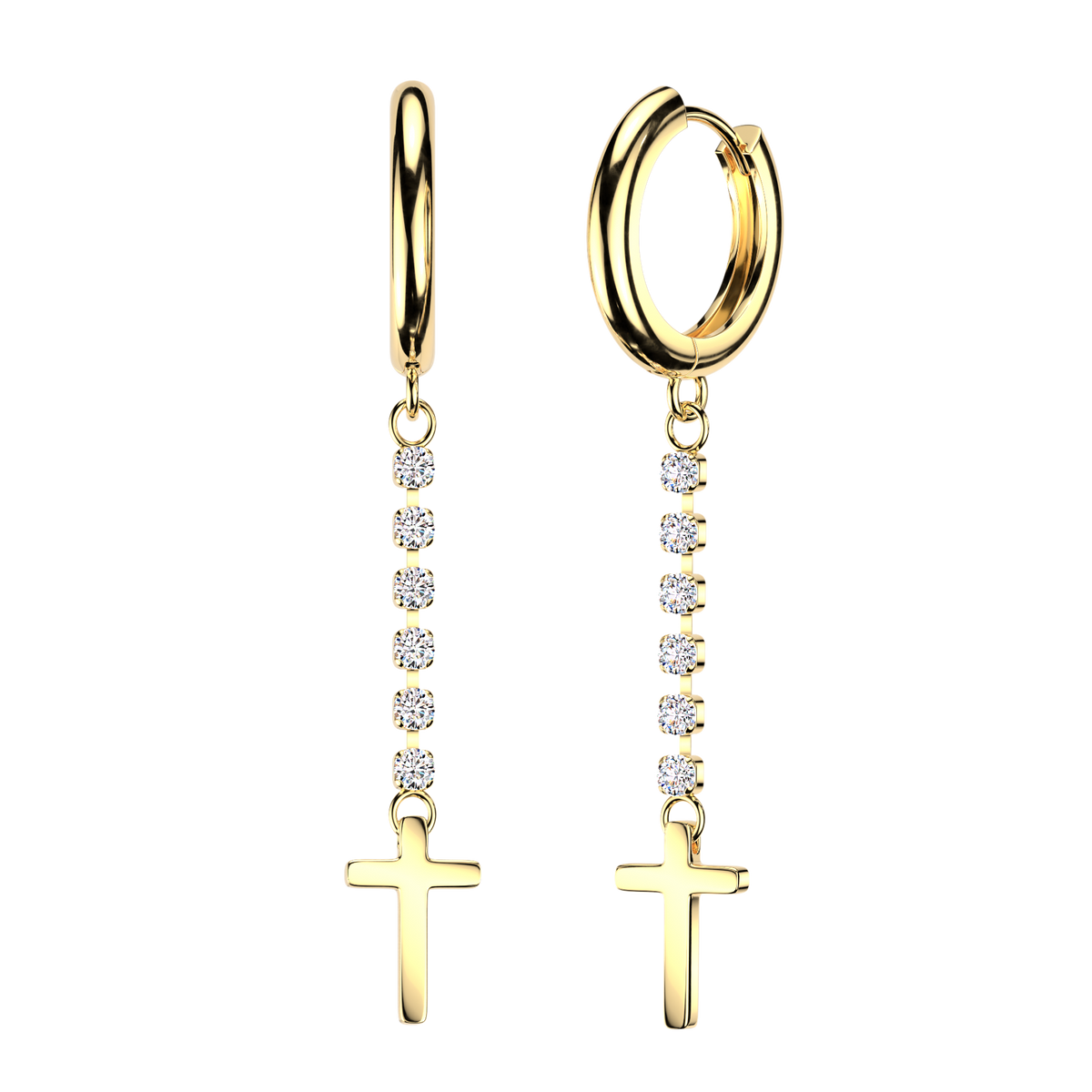 316L Pair of Huggie Hoop Earrings With Round CZ Chain & Cross Dangle