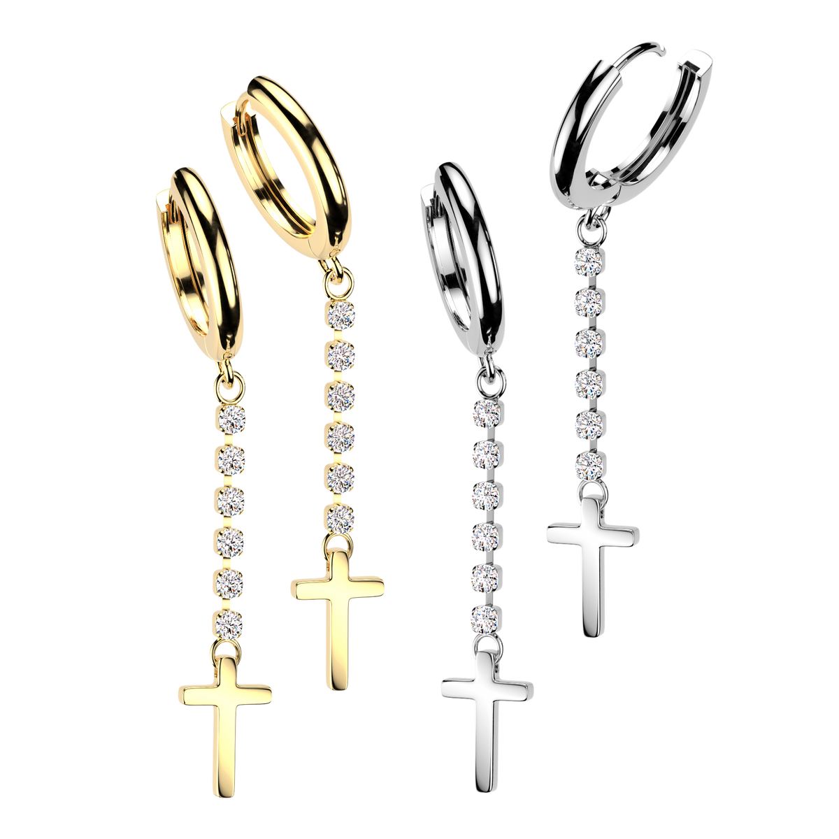 316L Pair of Huggie Hoop Earrings With Round CZ Chain & Cross Dangle