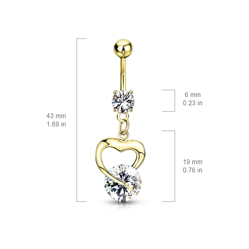 316L Surgical Steel Heart Gem Dangle Belly Button Ring 1.6x10mm