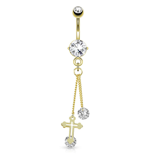 316L Surgical Steel Round CZ Attached by String Dangle Cross Chain Belly Button Ring 1.6x10mm