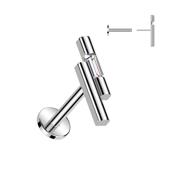 316L Surgical Steel Threadless Push In Labret Double Bar With CZ Top