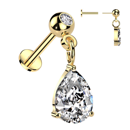 316L Surgical Steel Threadless Push In Labret Pressed Fit CZ Top With Pear CZ Dangle - Pic&Mix The Body Jewellery Shop