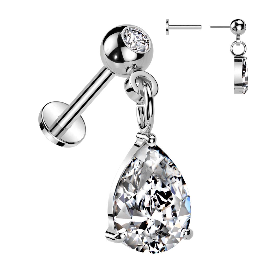 316L Surgical Steel Threadless Push In Labret Pressed Fit CZ Top With Pear CZ Dangle - Pic&Mix The Body Jewellery Shop