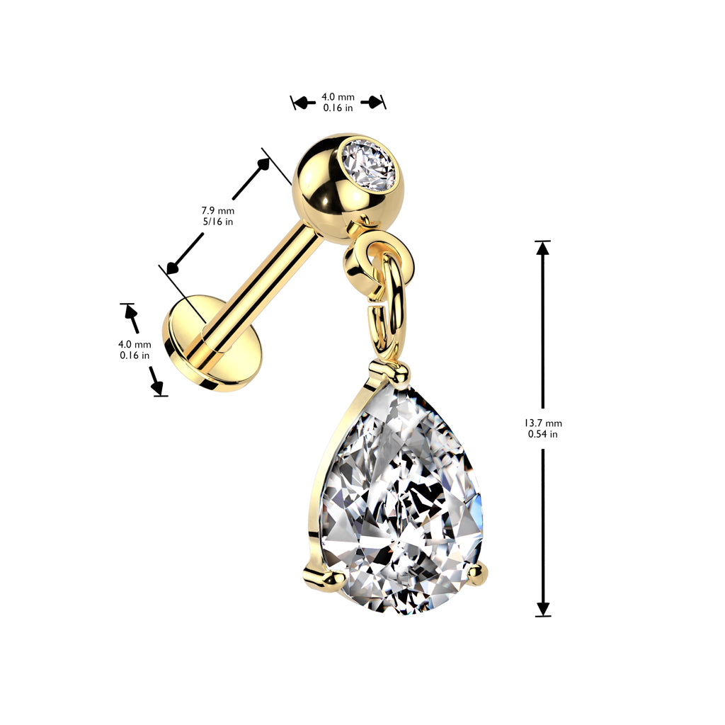316L Surgical Steel Threadless Push In Labret Pressed Fit CZ Top With Pear CZ Dangle - Pic&Mix The Body Jewellery Shop