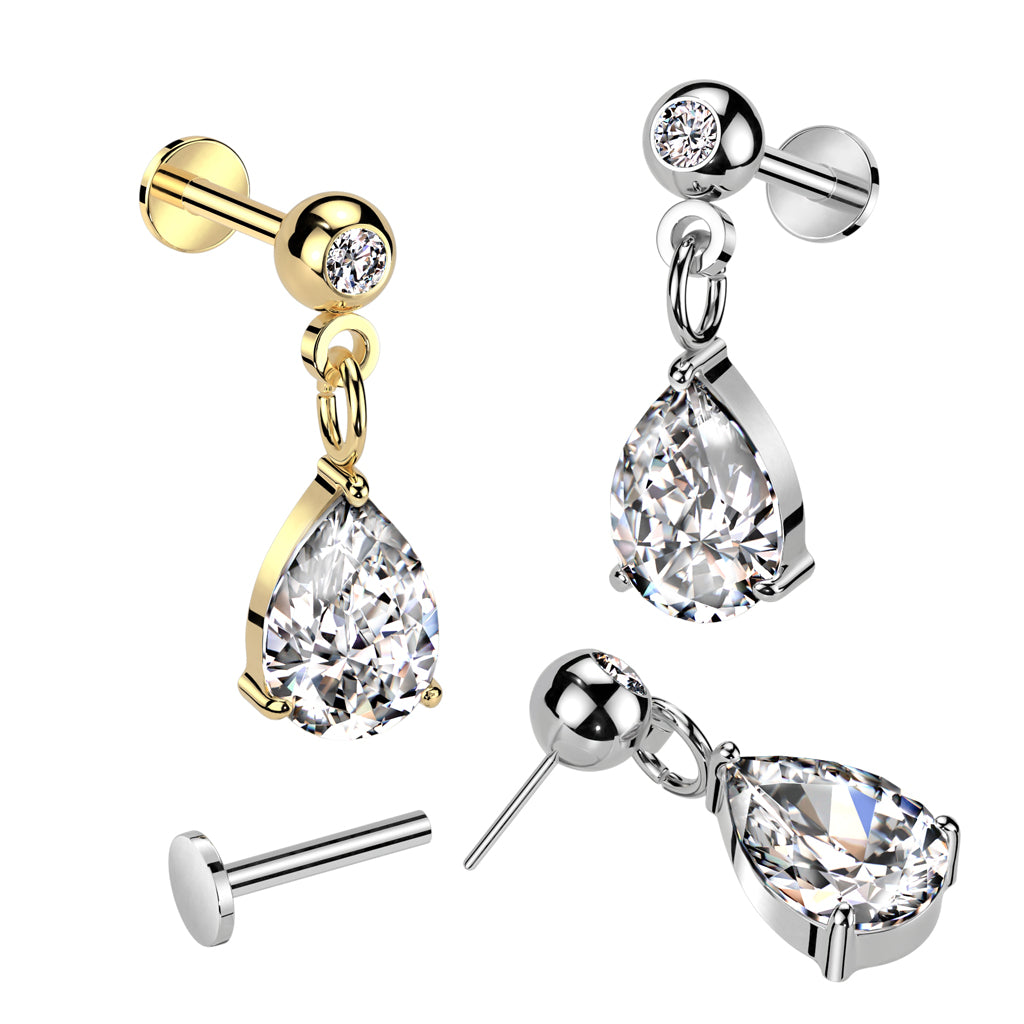316L Surgical Steel Threadless Push In Labret Pressed Fit CZ Top With Pear CZ Dangle - Pic&Mix The Body Jewellery Shop
