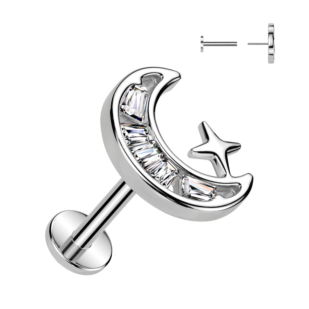 316L Surgical Steel Threadless Push In Labret, Flat Back Stud With CZ Crescent Moon - Pic&Mix The Body Jewellery Shop