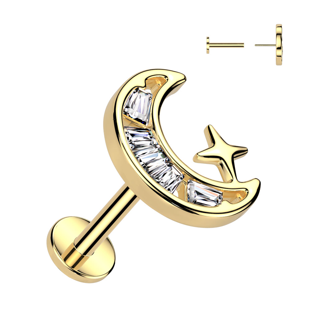 316L Surgical Steel Threadless Push In Labret, Flat Back Stud With CZ Crescent Moon - Pic&Mix The Body Jewellery Shop
