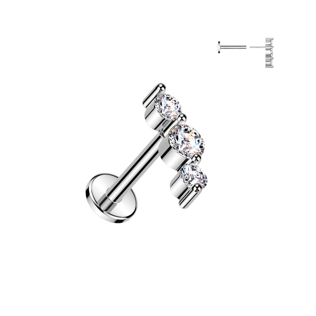 316L Surgical Steel Threadless Push In Flat Back Stud With Triple CZ Top - Pic&Mix The Body Jewellery Shop