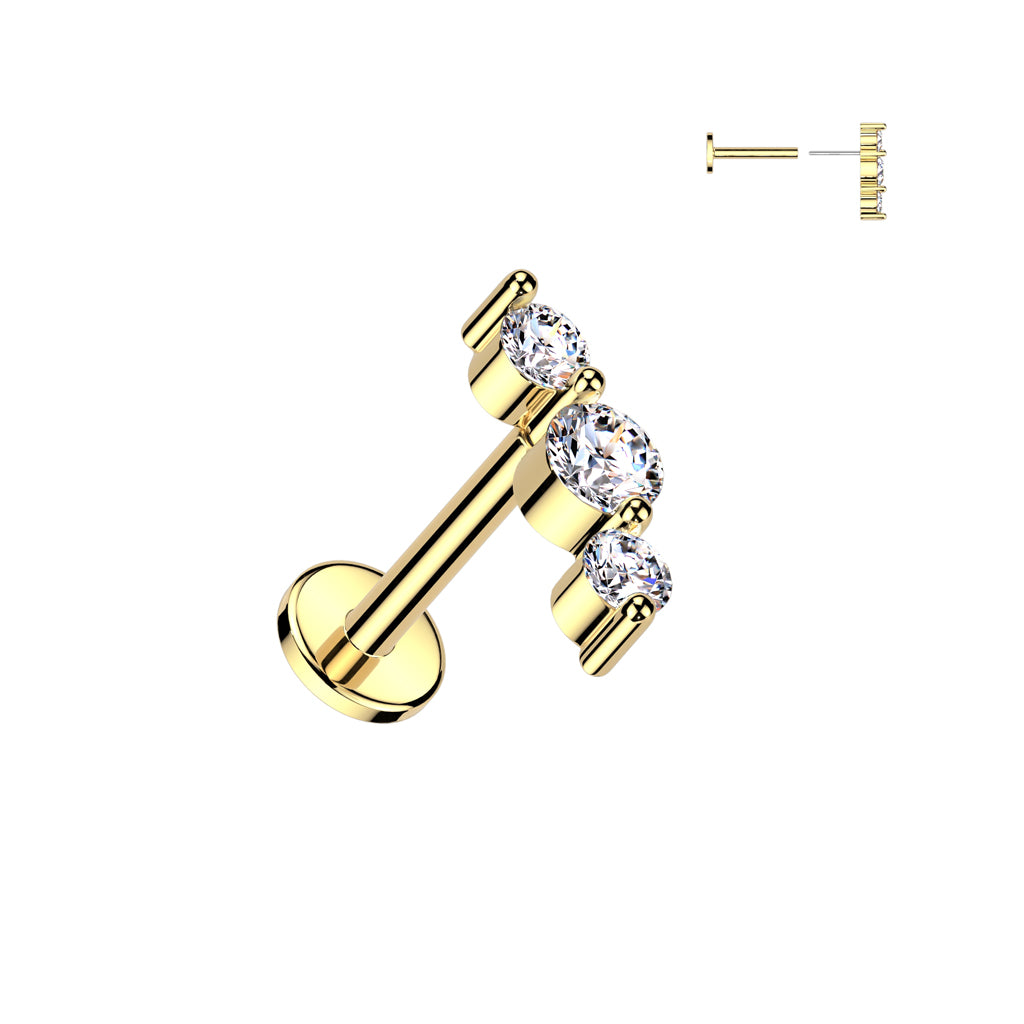 316L Surgical Steel Threadless Push In Flat Back Stud With Triple CZ Top - Pic&Mix The Body Jewellery Shop
