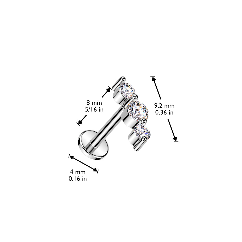 316L Surgical Steel Threadless Push In Flat Back Stud With Triple CZ Top - Pic&Mix The Body Jewellery Shop