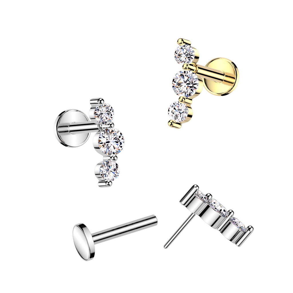 316L Surgical Steel Threadless Push In Flat Back Stud With Triple CZ Top - Pic&Mix The Body Jewellery Shop