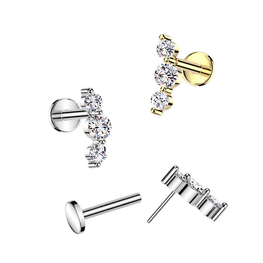 316L Surgical Steel Threadless Push In Flat Back Stud With Triple CZ Top - Pic&Mix The Body Jewellery Shop