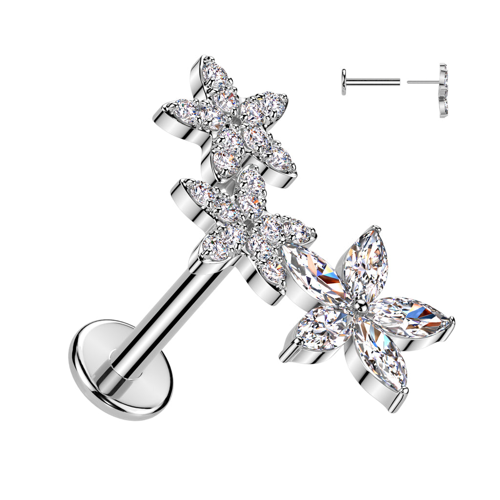 316L Surgical Steel Threadless Push In Flat Back Stud With 2 CZ Flower and 1 Marquise CZ Flower - Pic&Mix The Body Jewellery Shop