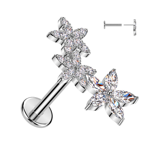 316L Surgical Steel Threadless Push In Flat Back Stud With 2 CZ Flower and 1 Marquise CZ Flower - Pic&Mix The Body Jewellery Shop