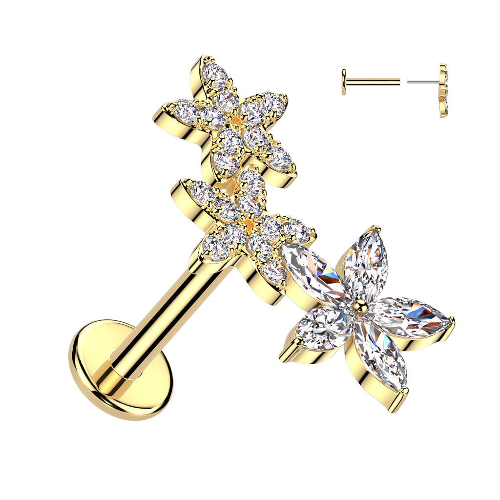 316L Surgical Steel Threadless Push In Flat Back Stud With 2 CZ Flower and 1 Marquise CZ Flower - Pic&Mix The Body Jewellery Shop