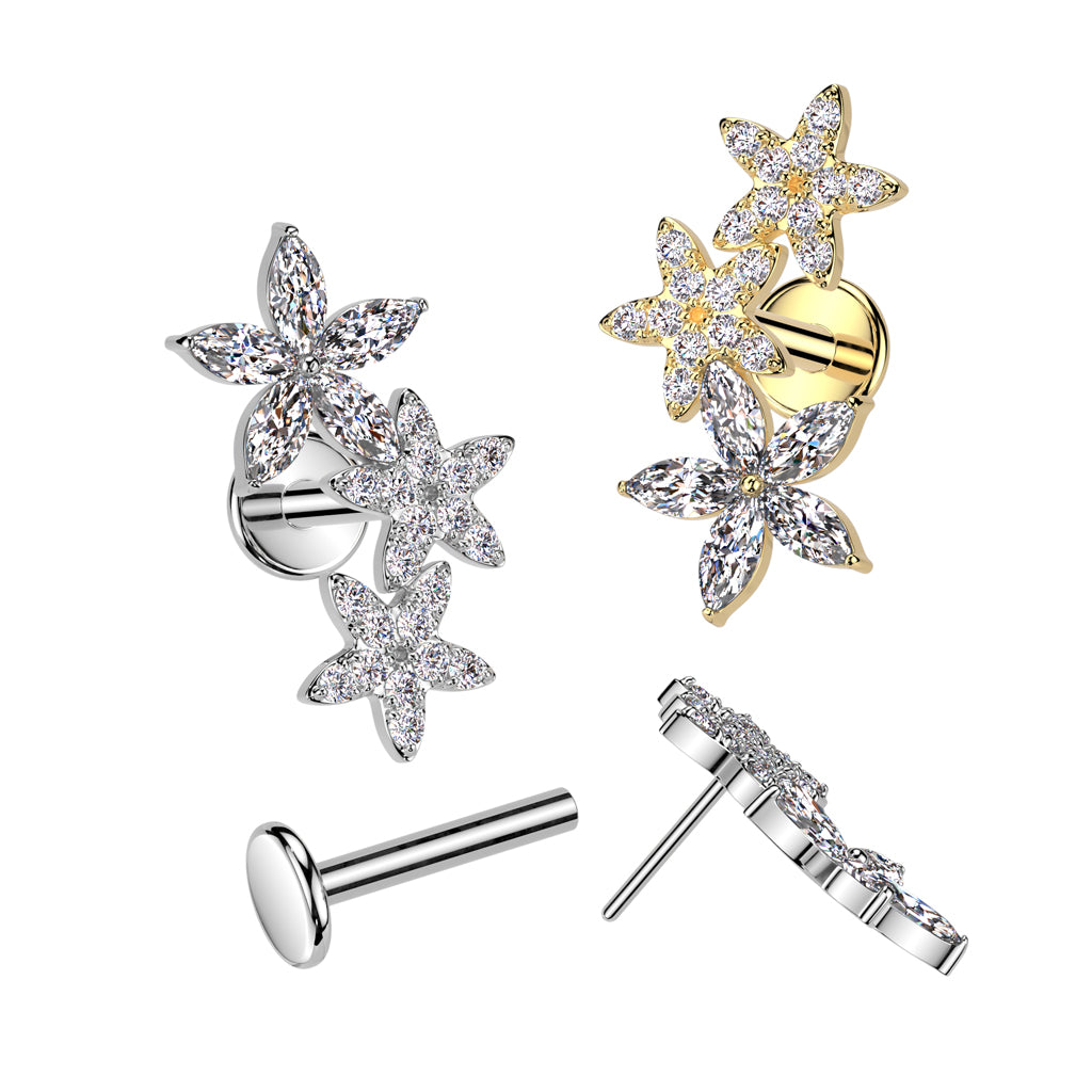 316L Surgical Steel Threadless Push In Flat Back Stud With 2 CZ Flower and 1 Marquise CZ Flower - Pic&Mix The Body Jewellery Shop