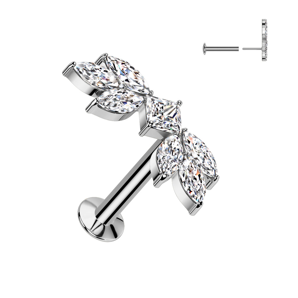 316L Surgical Steel Threadless Push In Flat Back Stud With Convex Back and Marquise CZ Wings