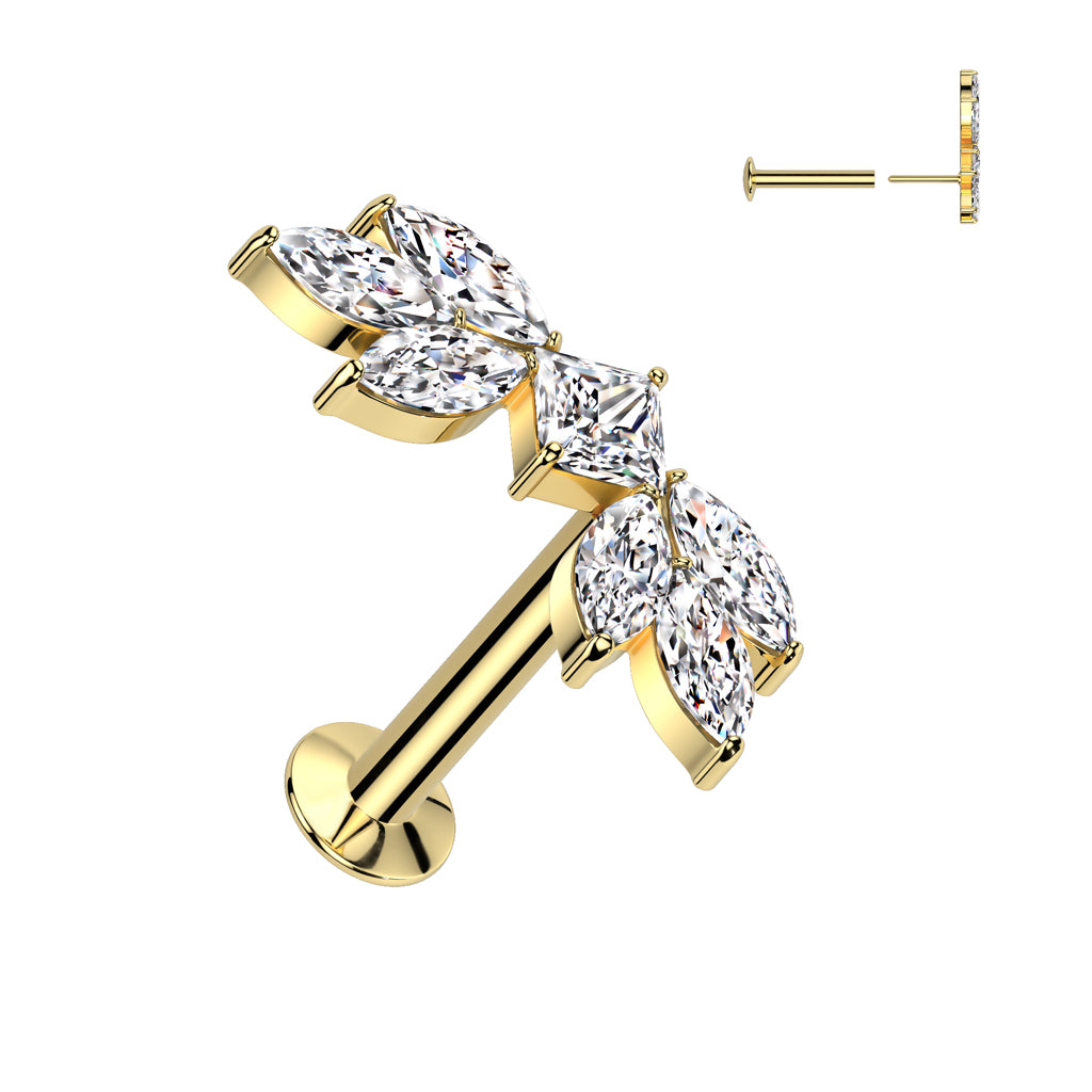 316L Surgical Steel Threadless Push In Flat Back Stud With Convex Back and Marquise CZ Wings