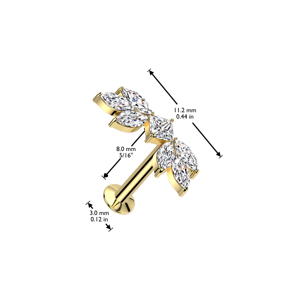 316L Surgical Steel Threadless Push In Flat Back Stud With Convex Back and Marquise CZ Wings