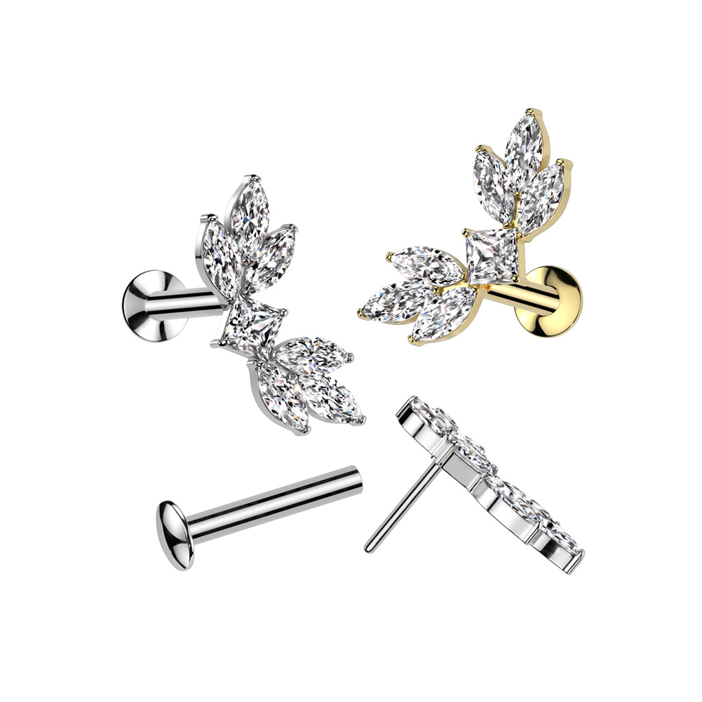 316L Surgical Steel Threadless Push In Flat Back Stud With Convex Back and Marquise CZ Wings