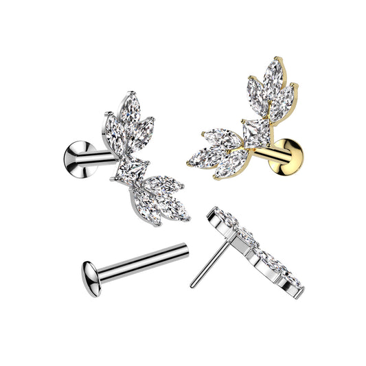 316L Surgical Steel Threadless Push In Flat Back Stud With Convex Back and Marquise CZ Wings