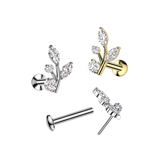 316L Surgical Steel Threadless Push In Flat Back Stud With Convex Back and Marquise CZ Vine and Round CZ labret