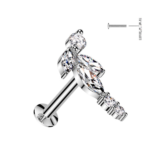 316L Surgical Steel Threadless Push In Flat Back Stud With Convex Back and Marquise CZ Vine and Round CZ Ends