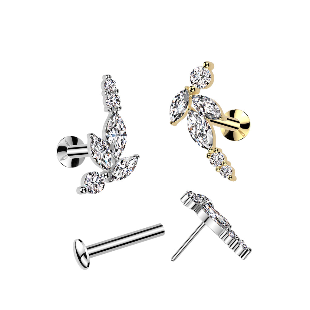 316L Surgical Steel Threadless Push In Flat Back Stud With Convex Back and Marquise CZ Vine and Round CZ Ends