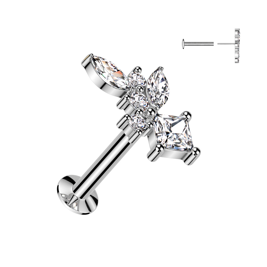 316L Surgical Steel Threadless Push In Flat Back Stud With Convex Back and Marquise, Diamond and Round CZ Cluster
