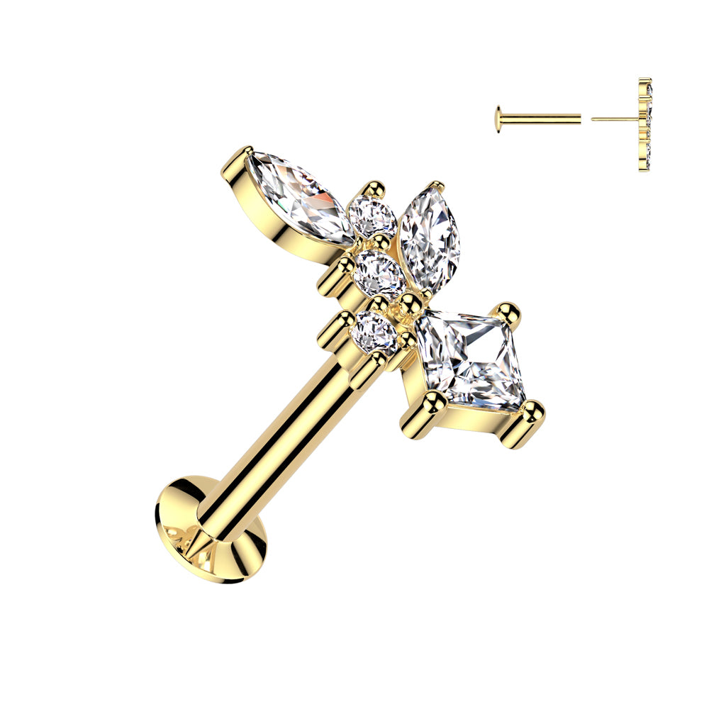 316L Surgical Steel Threadless Push In Flat Back Stud With Convex Back and Marquise, Diamond and Round CZ Cluster