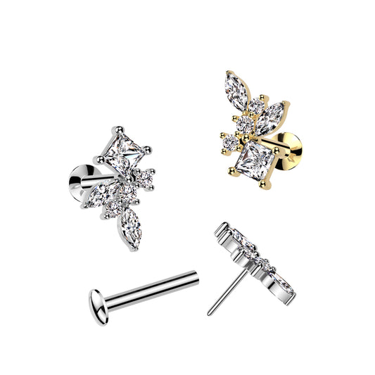 316L Surgical Steel Threadless Push In Flat Back Stud With Convex Back and Marquise, Diamond and Round CZ Cluster