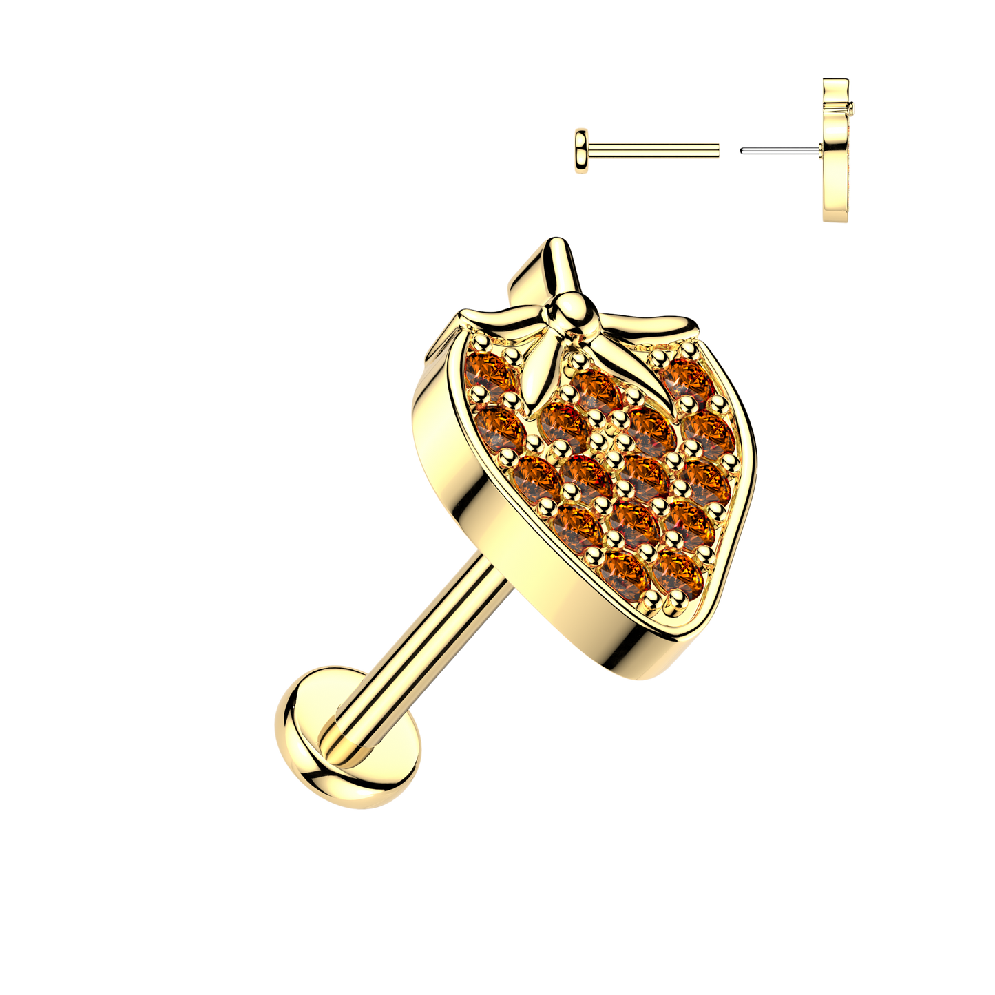 316L Threadless Flat Back Labret With Pave CZ Strawberry Labret