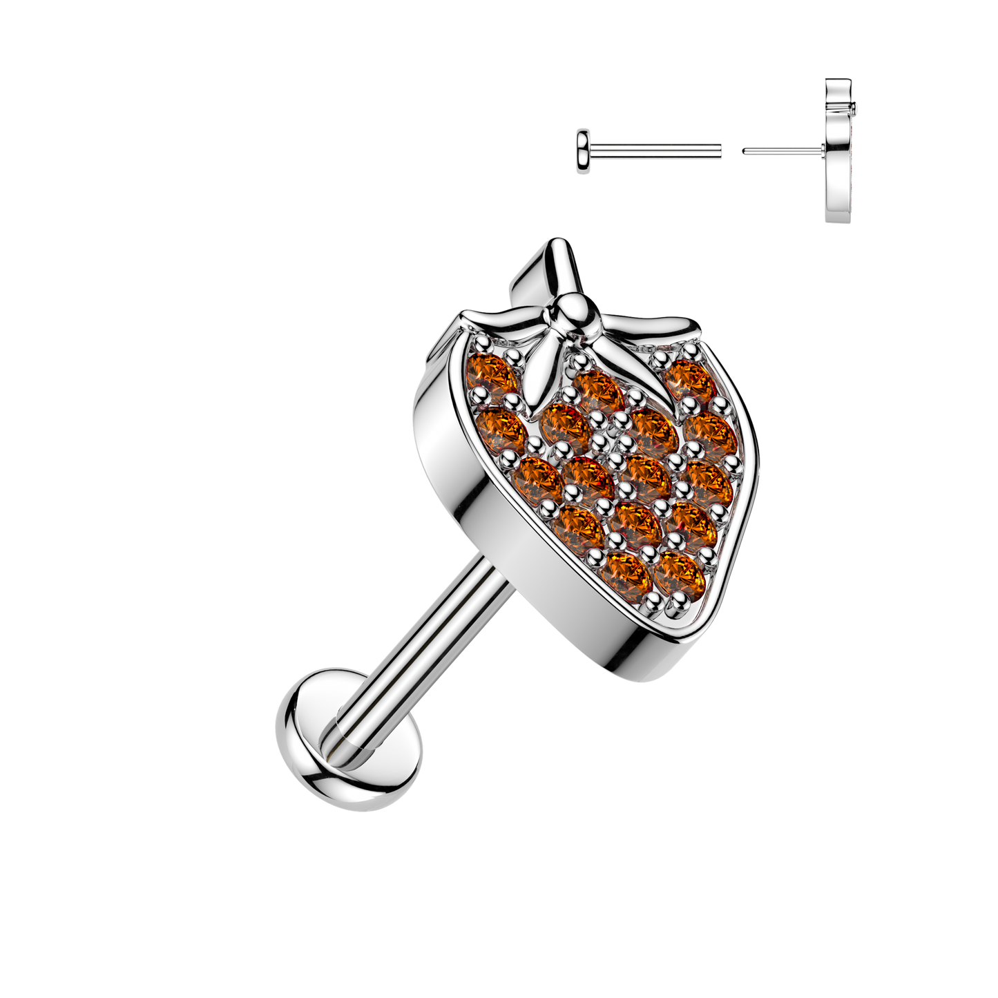316L Threadless Flat Back Labret With Pave CZ Strawberry Labret