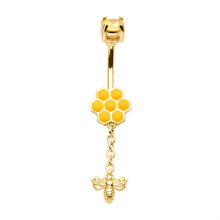 Gold PVD Steel Flower with Dangle Bee Belly Bar - Pic&Mix The Body Jewellery Shop