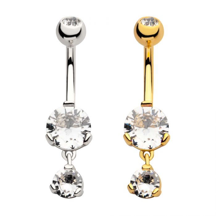 3-Prong Double Round Clear CZ Dangle Navel - Pic&Mix The Body Jewellery Shop