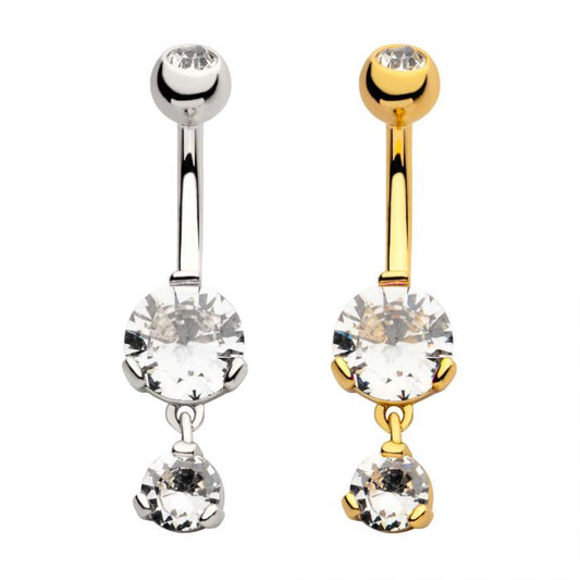 3-Prong Double Round Clear CZ Dangle Navel - Pic&Mix The Body Jewellery Shop
