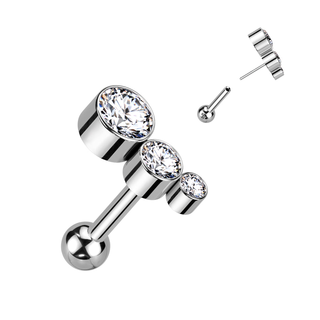 Implant Grade Titanium Threadless Push In Cartilage Barbell  Bezel Set 3 CZ  Top - Pic&Mix The Body Jewellery Shop