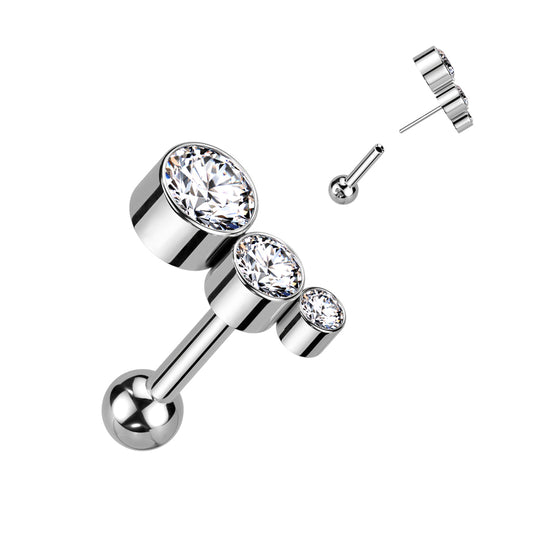 Implant Grade Titanium Threadless Push In Cartilage Barbell  Bezel Set 3 CZ  Top - Pic&Mix The Body Jewellery Shop