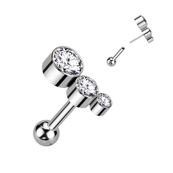 Implant Grade Titanium Threadless Push In Cartilage Barbell  Bezel Set 3 CZ  Top