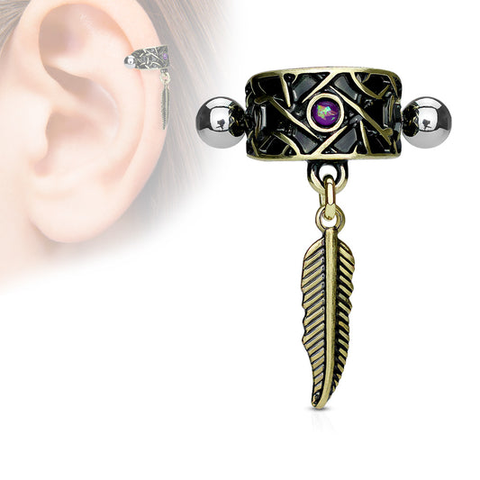 Blue Opal/Antique Gold IP Tribal Feather Dangle Ear Cartilage/Helix Cuff 316L Surgical Steel - Pic&Mix The Body Jewellery Shop