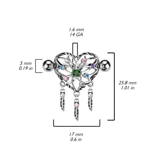 Heart Dream Catcher Shield Nipple Ring With Multi Color CZ and 316L Surgical Steel Barbell - Pic&Mix The Body Jewellery Shop