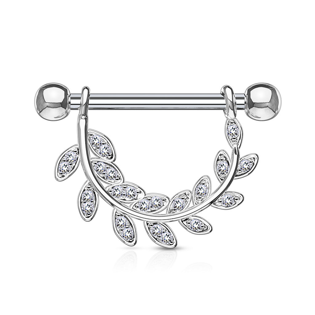 CZ Paved Leaf Hanging 316L Surgical Steel Barbell Nipple Rings - Pic&Mix The Body Jewellery Shop