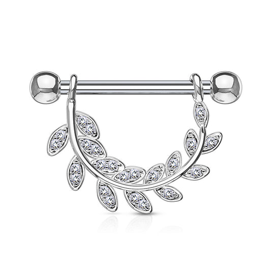 CZ Paved Leaf Hanging 316L Surgical Steel Barbell Nipple Rings - Pic&Mix The Body Jewellery Shop
