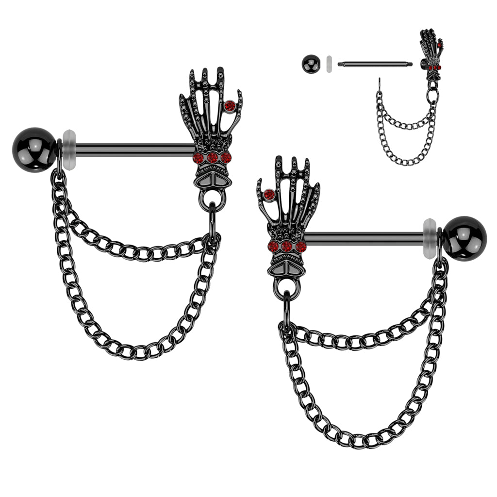 Pair of Surgical Steel Nipple Barbell With Red CZ Skull Hands and Double Chain Dangle - Pic&Mix The Body Jewellery Shop