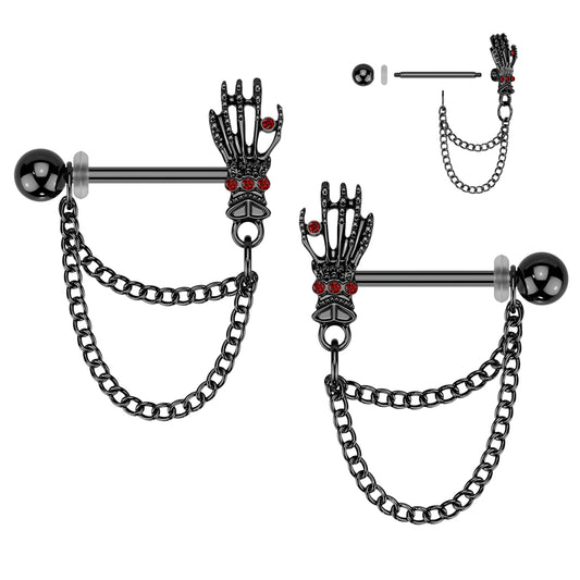 Pair of Surgical Steel Nipple Barbell With Red CZ Skull Hands and Double Chain Dangle - Pic&Mix The Body Jewellery Shop