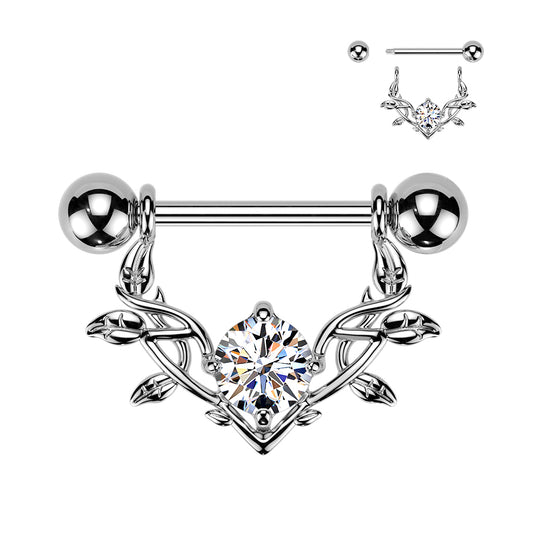 316L Nipple Barbell With Large Prong Set CZ Vine Dangle - Pic&Mix The Body Jewellery Shop