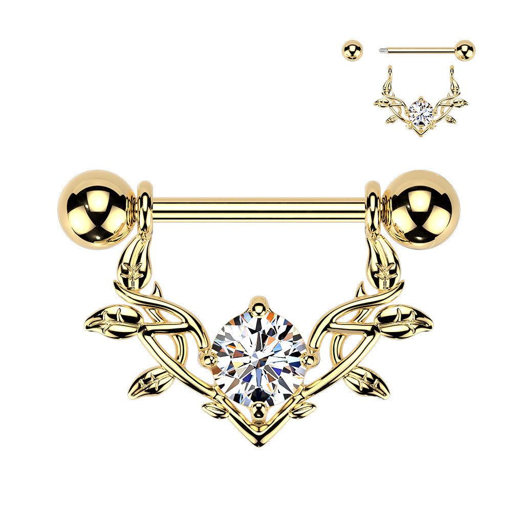 316L Nipple Barbell With Large Prong Set CZ Vine Dangle