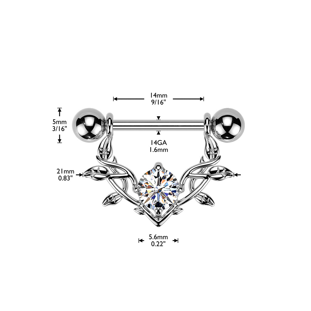 316L Nipple Barbell With Large Prong Set CZ Vine Dangle - Pic&Mix The Body Jewellery Shop